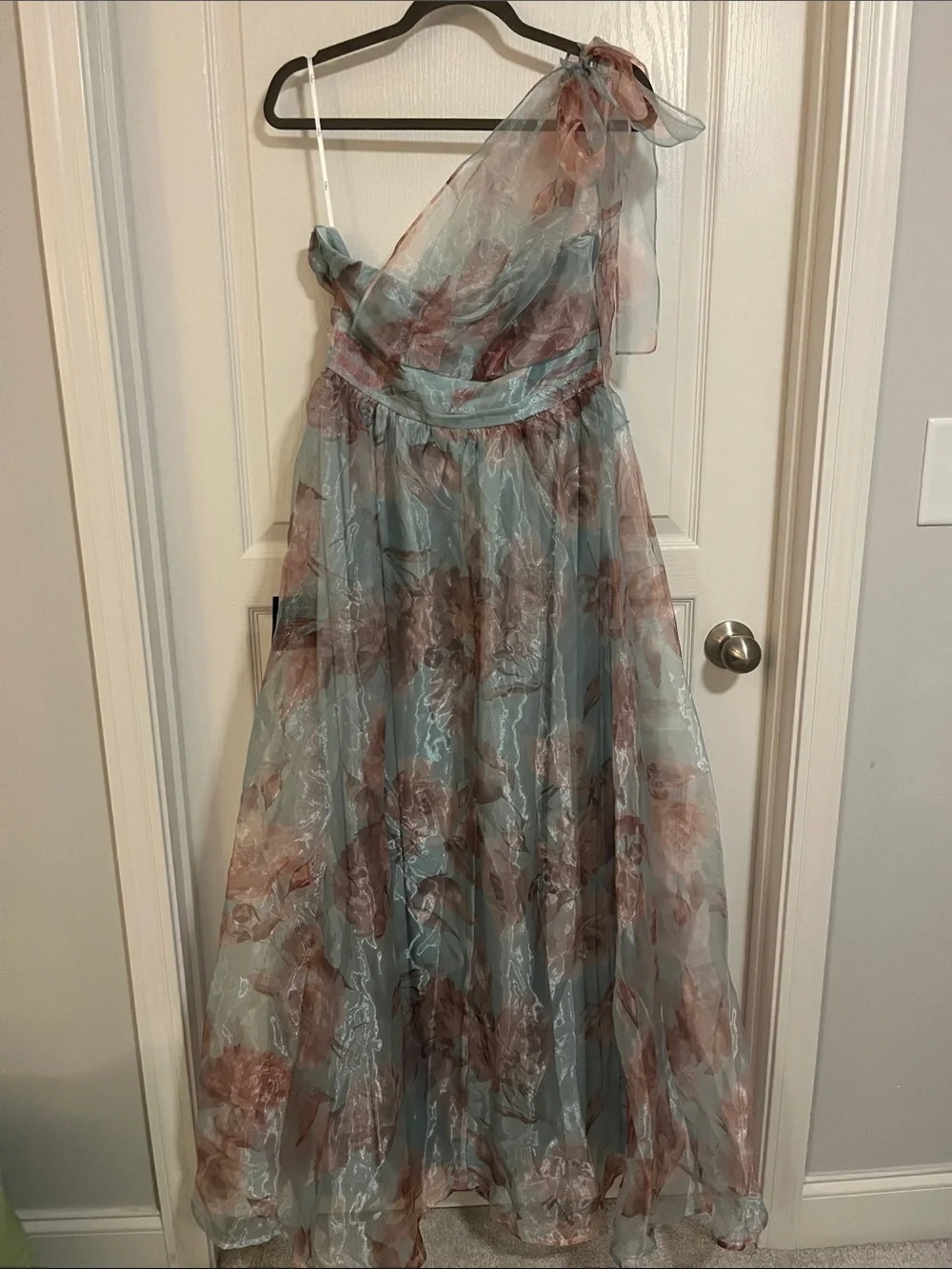 NWT LULUS Floral Organza Tie Shoulder Fairycore Wedding Guest Formal Ball Gown L - Picture 4 of 10